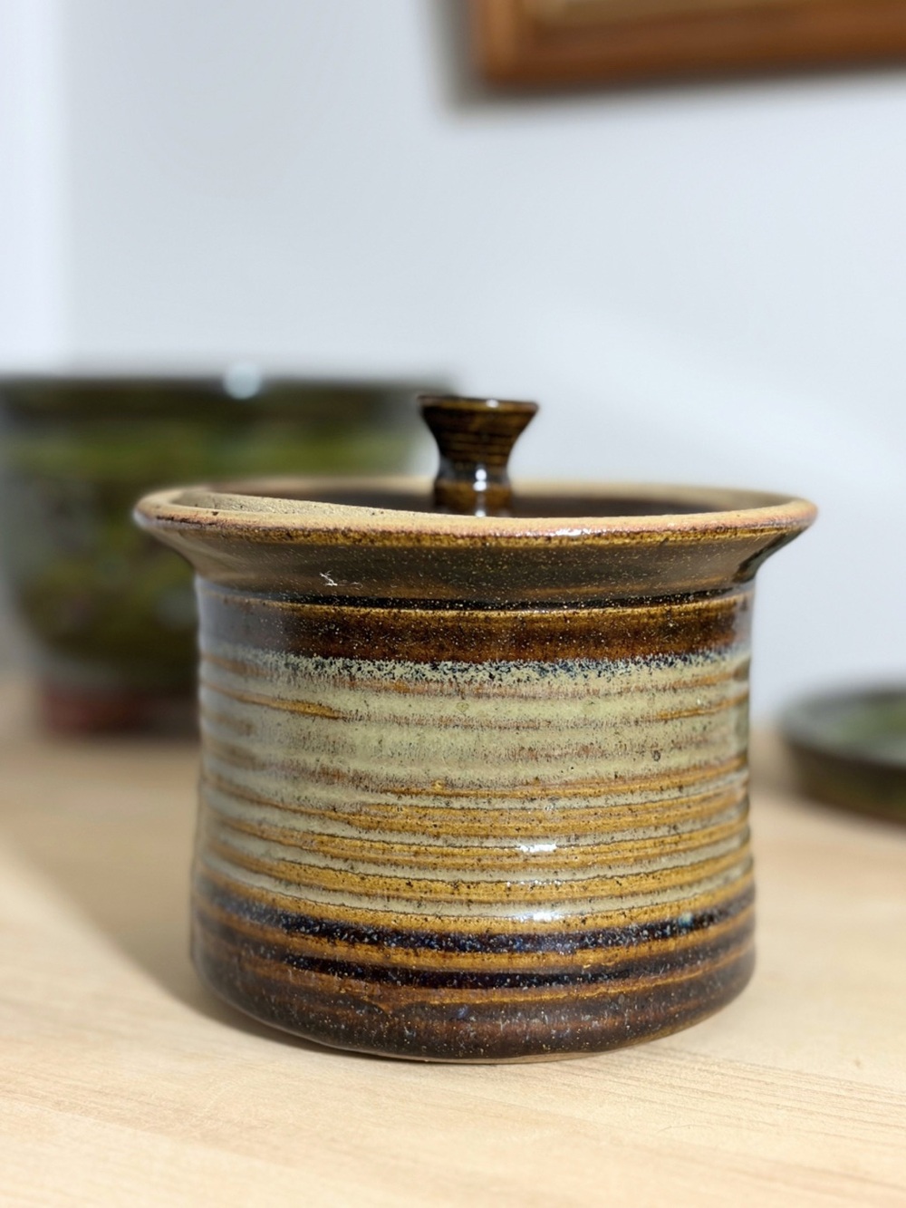 Vintage Studio Pottery Stoneware Lidded Canister Brown Drip Glaze
